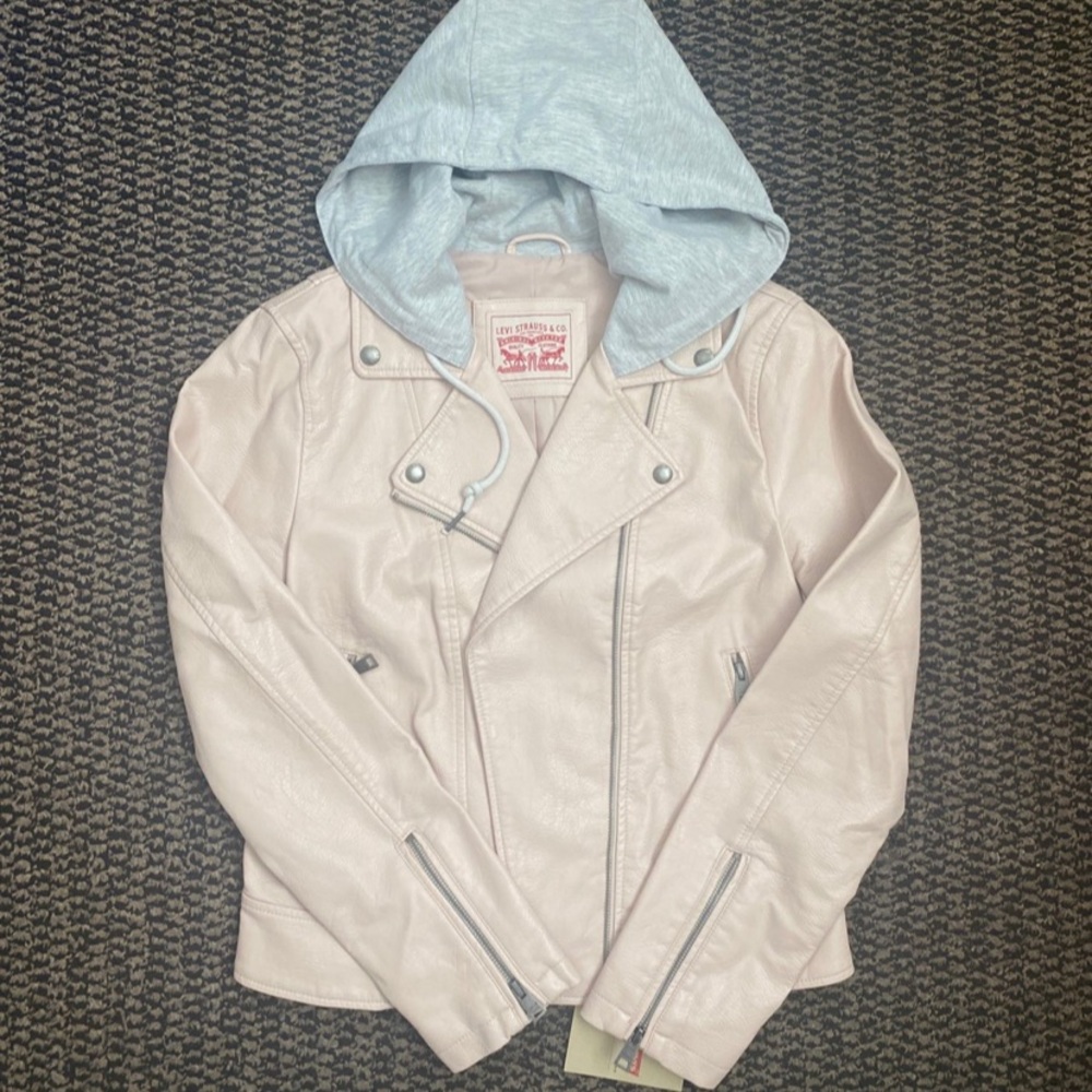 NEW Size M Levi’s Women Classic Faux Leather Motorcycle Jacket with Jersey Hood